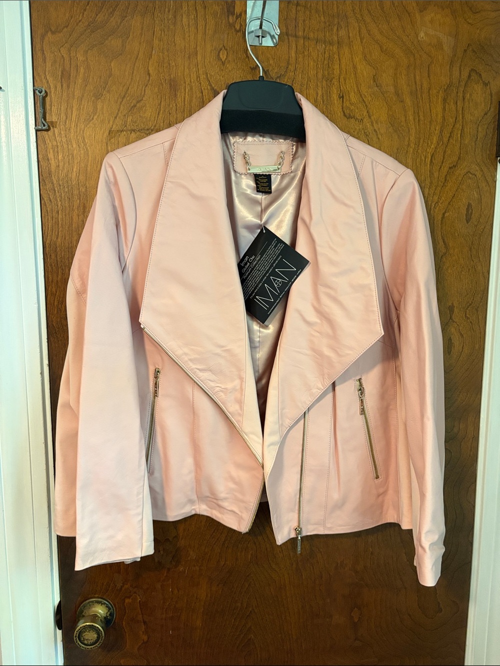 IMAN Pale Pink Draped Leather Moto Jacket